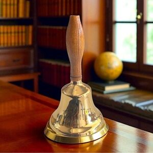 HAND SIZE TABLE DESK BELL BRASS WITH WOOD HANDLE  6.5